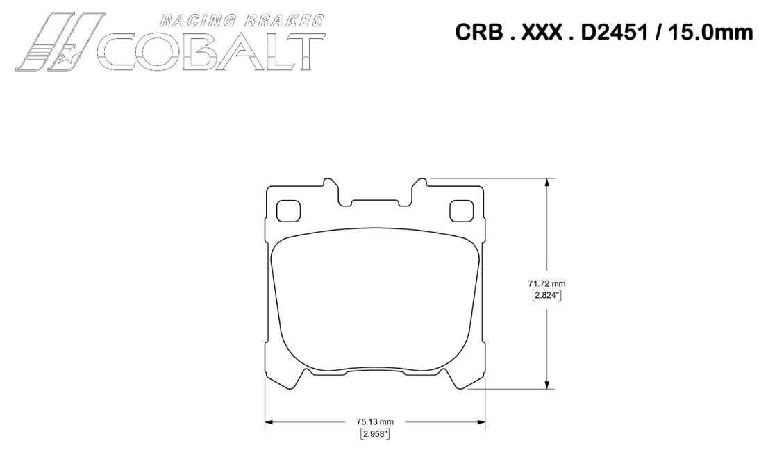 Technical dimension drawing of a Cobalt D2451 brake pad, showing front and rear measurements in millimeters and inches on a white background.