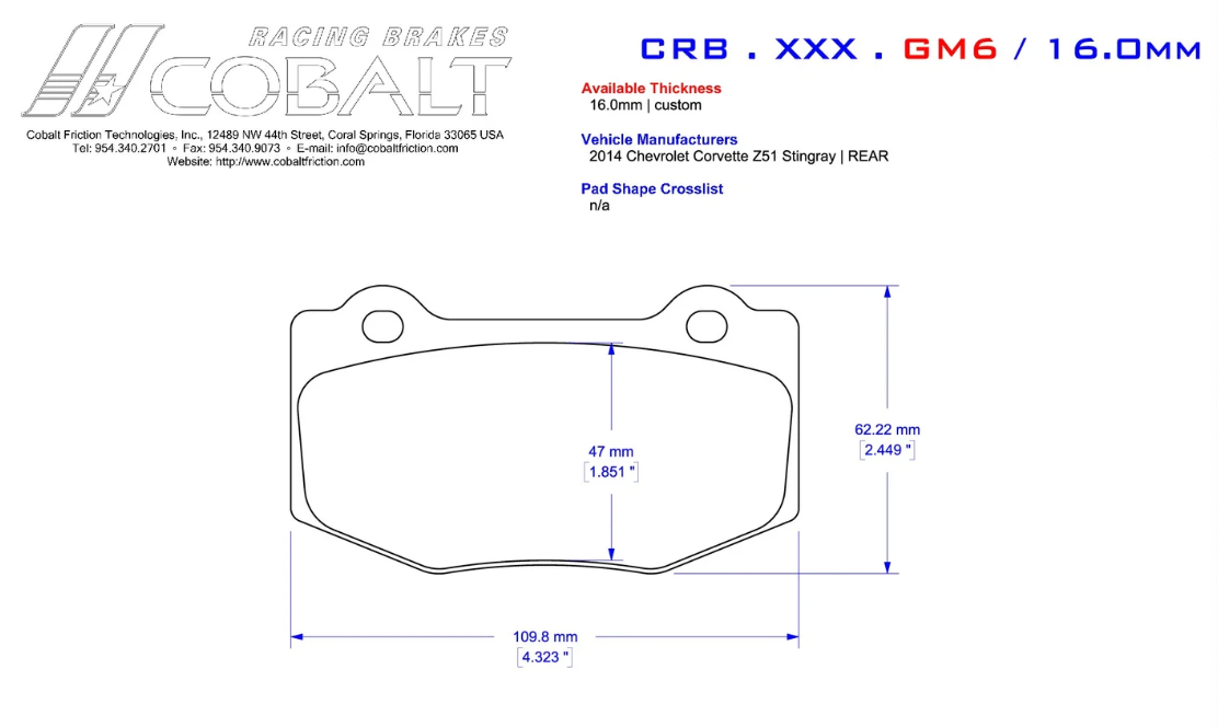 Cobalt GM6 Brake pad Dimension image