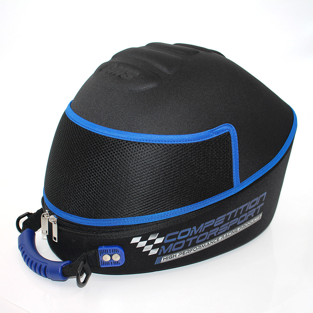 Black helmet storage bag with blue accents and 'Competition Motorsport' branding on a white background