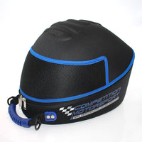 Thumbnail for Black helmet storage bag with blue accents and 'Competition Motorsport' branding on a white background