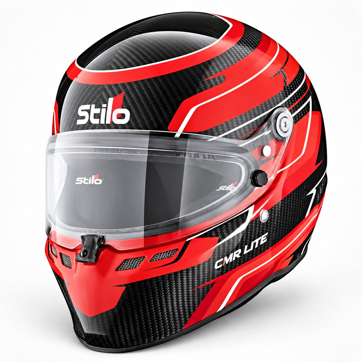 Stilo ST6 CMR Carbon Lite youth karting helmet in red with exposed carbon fiber shell, clear visor, and lightweight racing design.