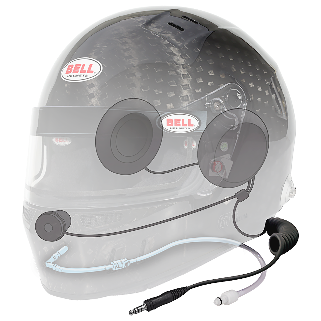 Bell GT6 RD Ultra 4C/EC cutaway view showing integrated communications wiring, ear cups, microphone, and internal hydration tube routing within the carbon shell