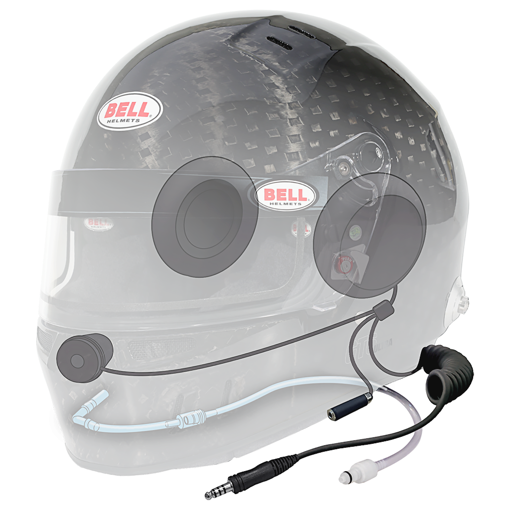 Bell GT6 RD Ultra-4C cutaway view showing integrated radio wiring, ear cups, microphone, and internal drink tube routing within the carbon shell
