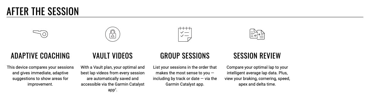 Garmin Catalyst 2 Racetrack Driving Performance Optimizer Image Summary of features after a session with icons and text on a white background