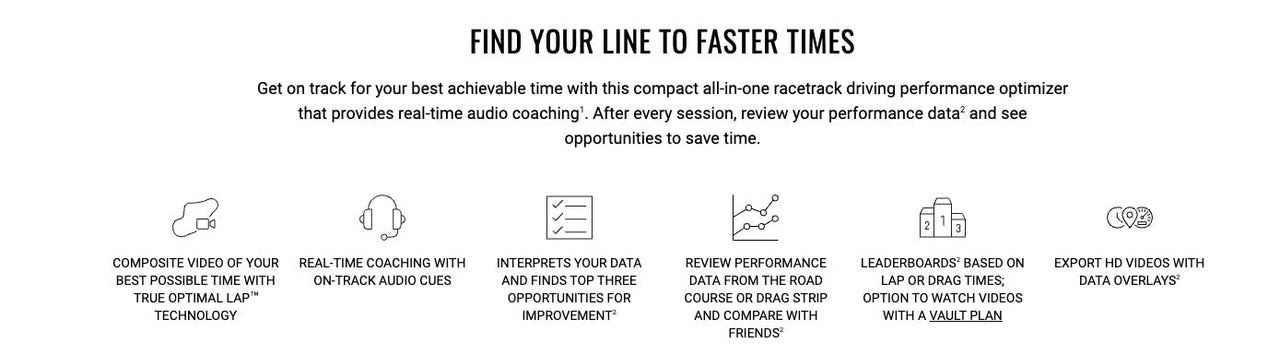 Garmin Catalyst 2 Racetrack Driving Performance Optimizer Image Promotional graphic for a racing performance optimizer with text and icons on a white background.