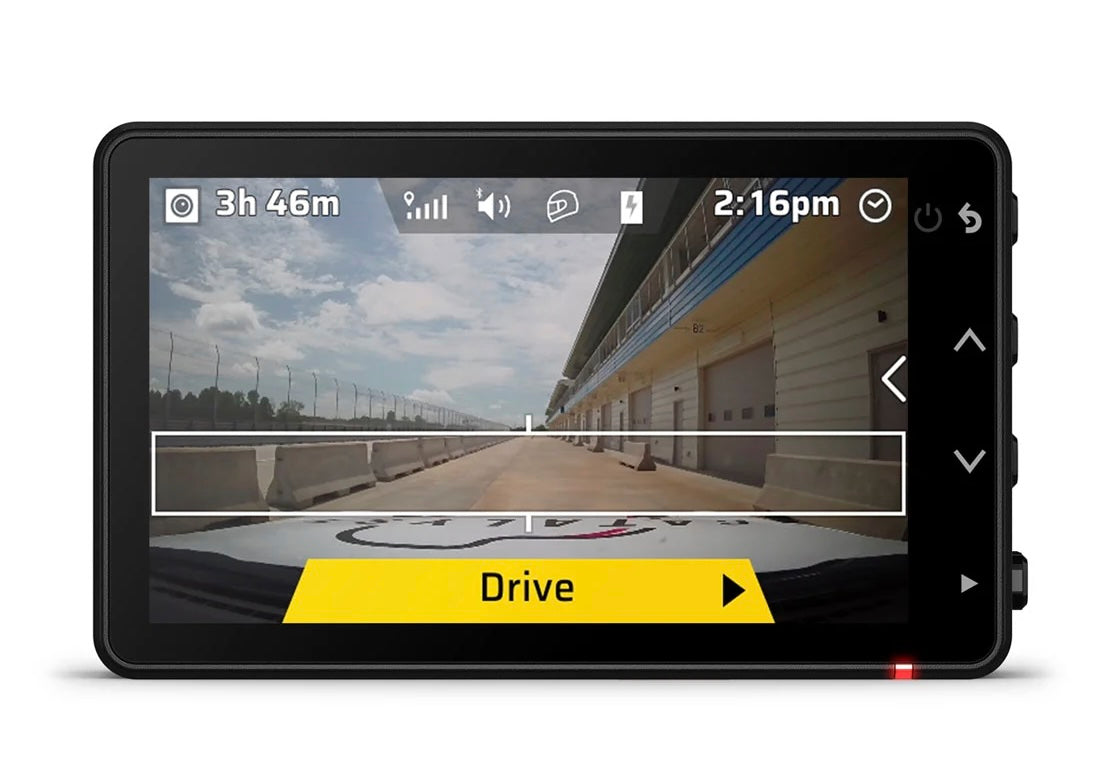 Garmin Catalyst 2 Racetrack Driving Performance Optimizer displaying a race track on the screen with a 'Drive' button