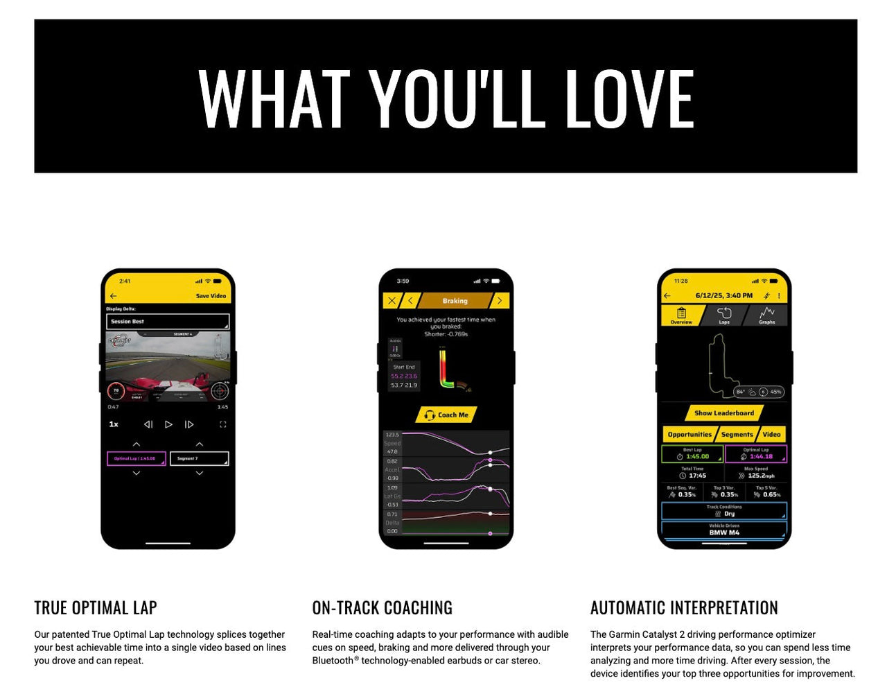 Garmin Catalyst 2 Racetrack Driving Performance Optimizer Image screens displaying a performance monitoring app with text 'What You'll Love' at the top.