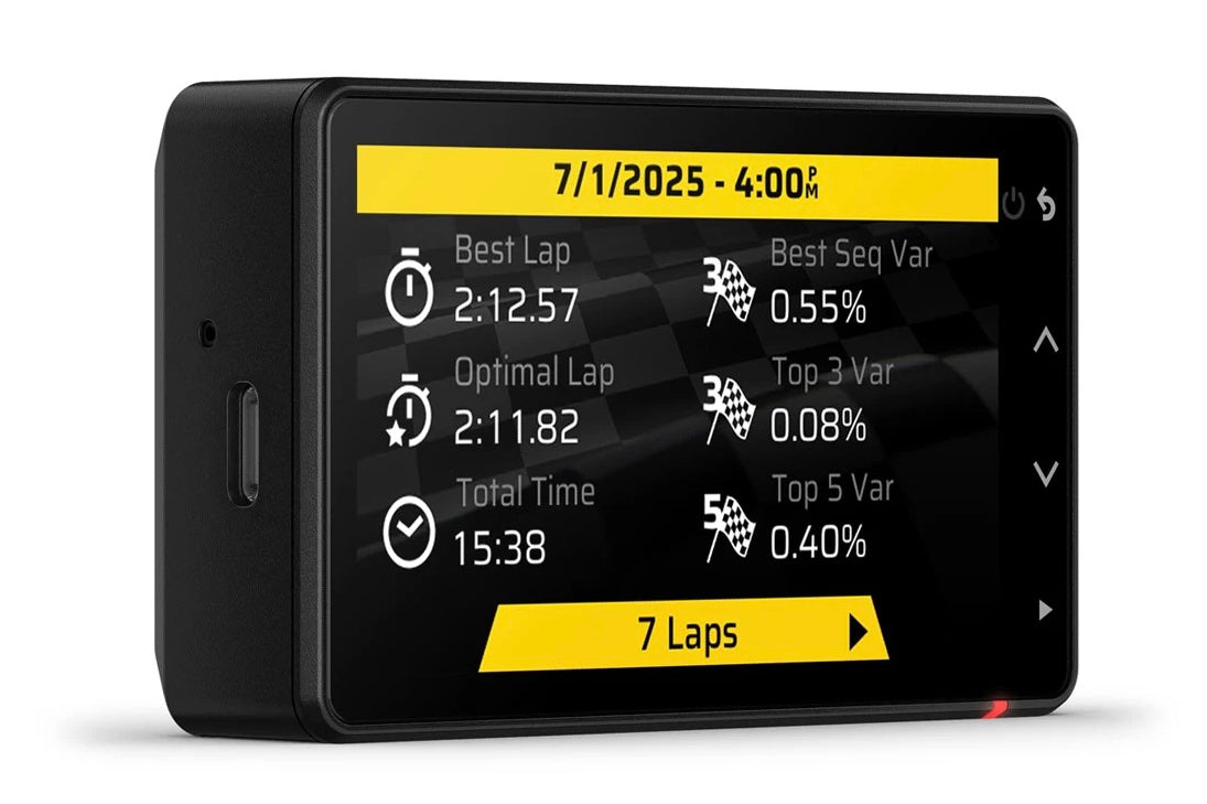 Garmin Catalyst 2 Racetrack Driving Performance Optimizer Profile Yellow Screen Image. Digital display showing race data with a black and yellow interface on a white background