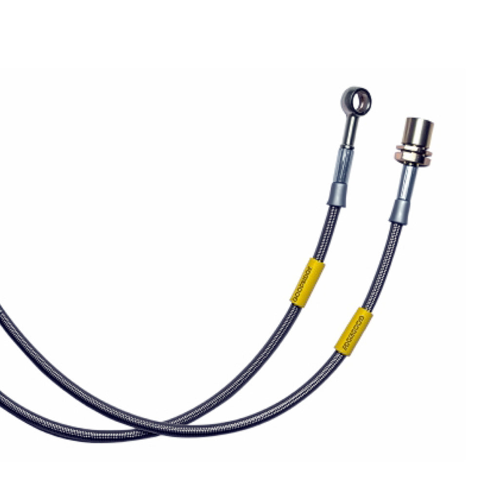 Braided stainless steel racing brake lines with connectors on a white background