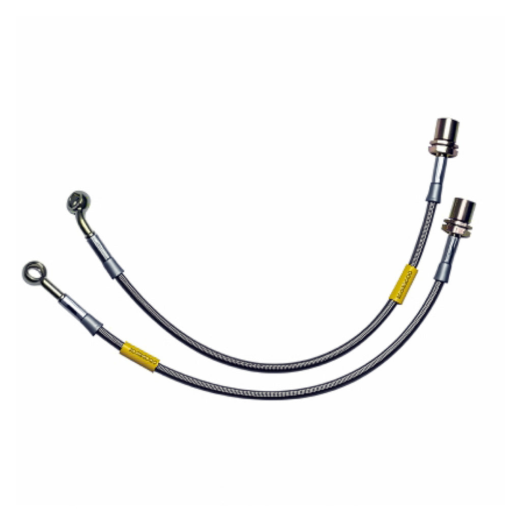 Two metal braided brake hoses with connectors on a white background