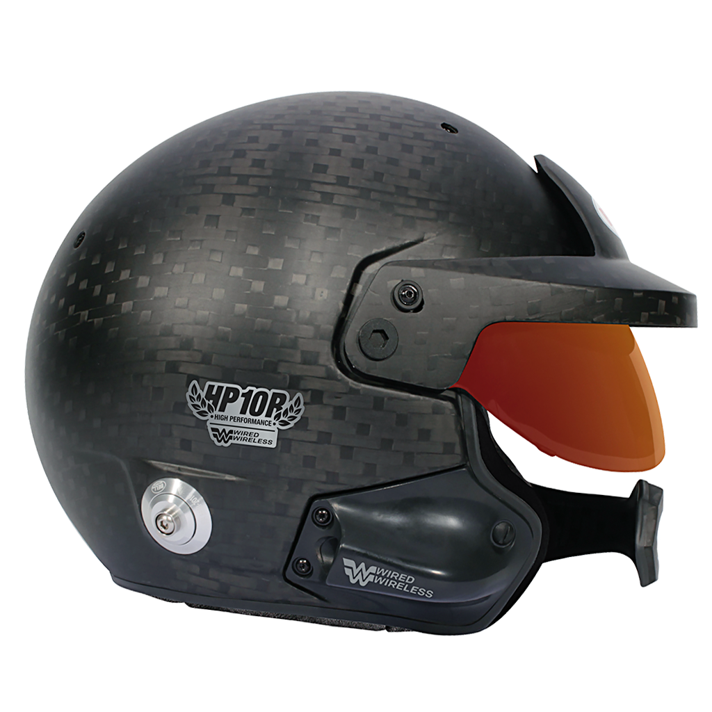 Bell HP10R WW motorsport helmet side profile showing aerodynamic shape and visor peak