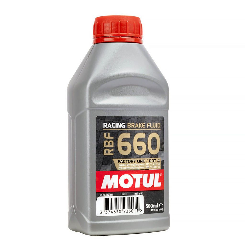 Motul RBF 660 racing brake fluid bottle on a white background