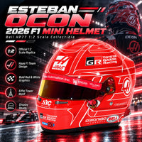 Thumbnail for Bell Esteban Ocon 2026 F1 mini helmet hero image with Haas F1 Team design, bold red and white graphics, and Eiffel Tower motif