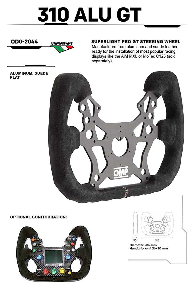 Steering wheel with '310 ALU GT' information panel on a white background