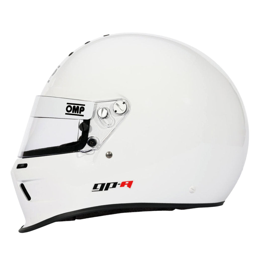 White OMP GP-A full-face racing helmet with a clear visor, featuring black and red branding details, shown from a side profile on a white background.