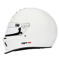 Thumbnail for White OMP GP-A full-face racing helmet with a clear visor, featuring black and red branding details, shown from a side profile on a white background.