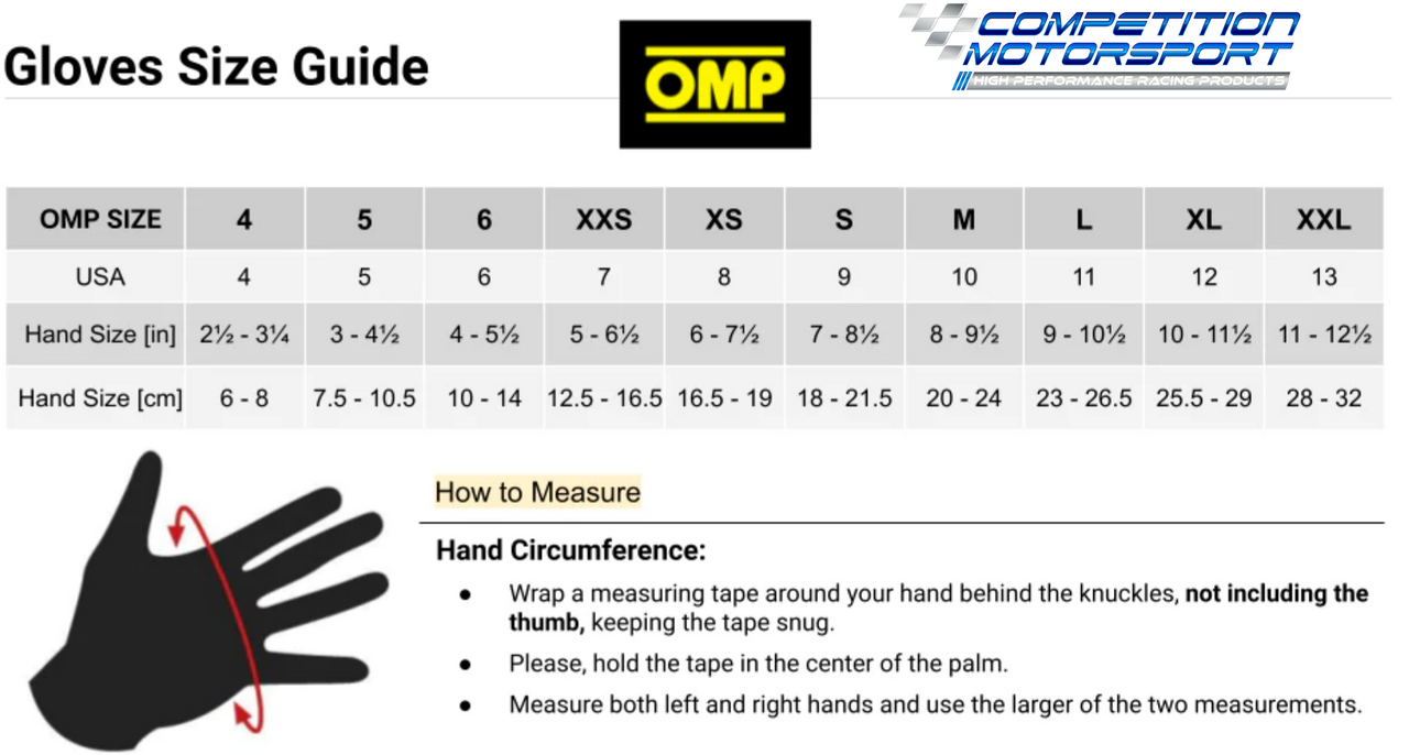 OMP Evo FX Glove Size Chart Measurement Image