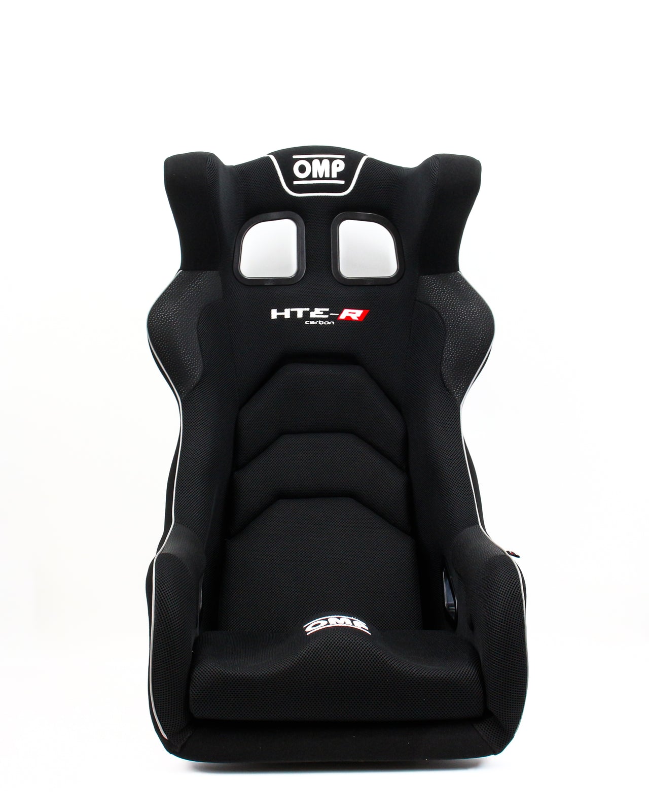 A black OMP HT-4 R racing bucket seat with white stitching and white logo accents, photographed from the front on a white background.