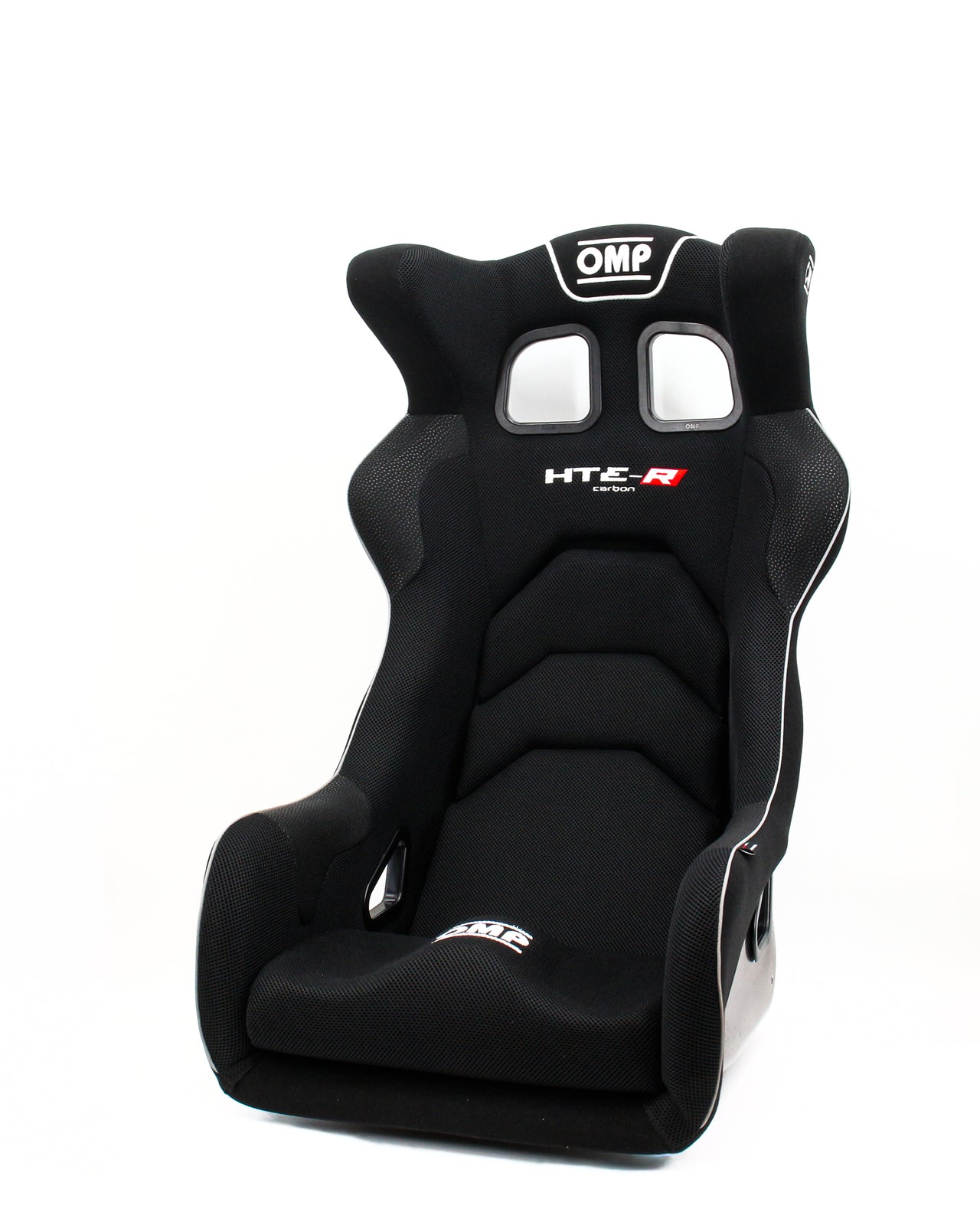 A black OMP HT-E-R racing bucket seat with white piping and white logo details, photographed from a three-quarters angle on a white background.