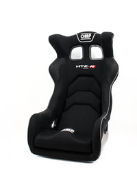 Thumbnail for A black OMP HT-E-R racing bucket seat with white piping and white logo details, photographed from a three-quarters angle on a white background.