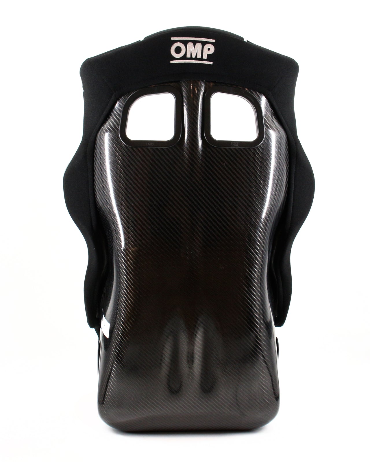 Black OMP racing helmet shell with a carbon fiber pattern and a black foam liner, shown from the back on a white background.