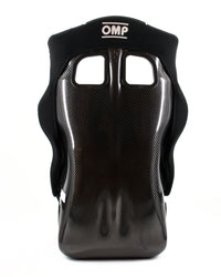 Thumbnail for Black OMP racing helmet shell with a carbon fiber pattern and a black foam liner, shown from the back on a white background.
