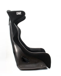 Thumbnail for A black OMP racing bucket seat with a carbon fiber weave pattern and white contrast stitching, shown from a side profile view on a white background.