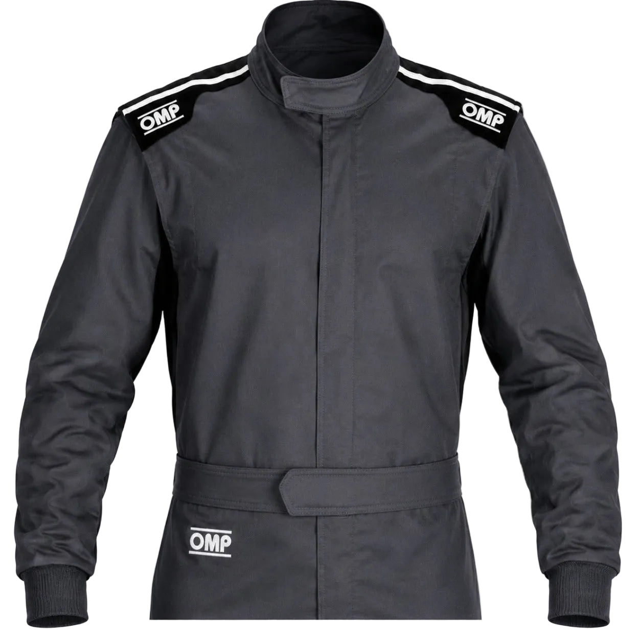 OMP dark gray racing suit half front image on white background