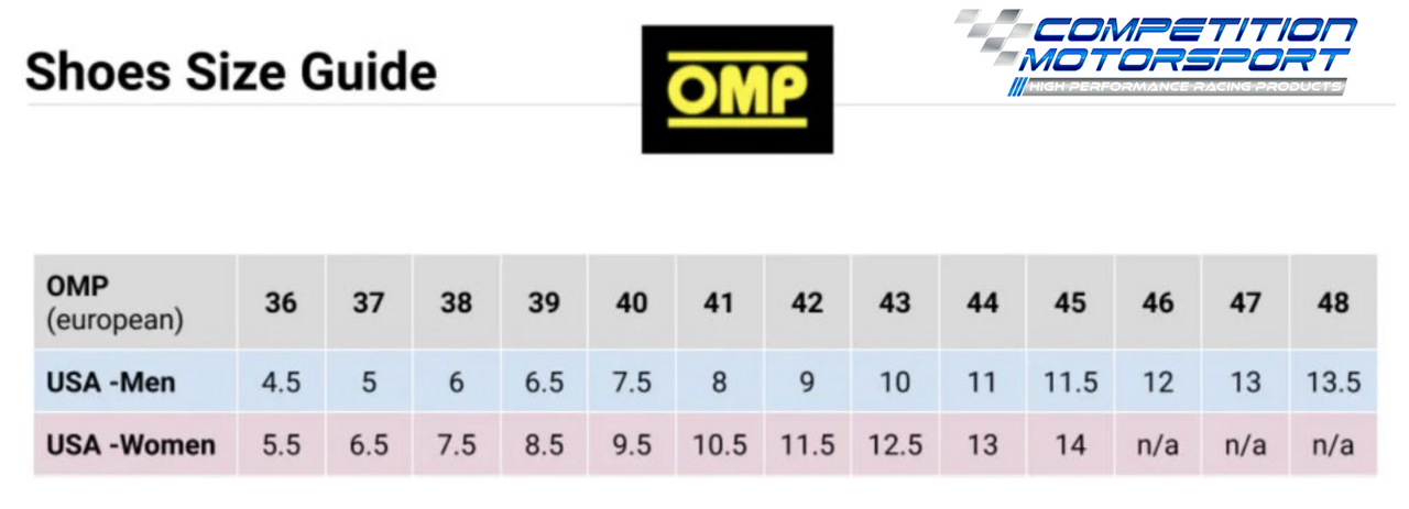 OMP ONE Evo FX Racing Shoes Size Chart Image 