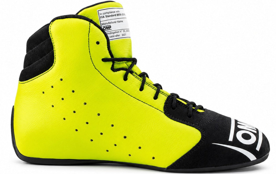 A high-top racing boot in neon yellow and black, featuring black laces, a black toe cap with a white logo, and a white ankle label, shown against a plain white background.