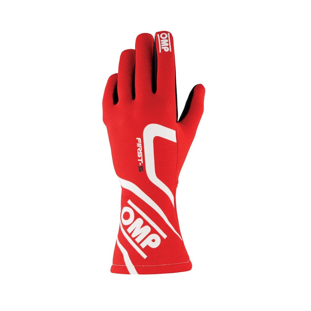 Top view of red OMP First S Race Gloves with elasticated wrist closure for a secure fit.