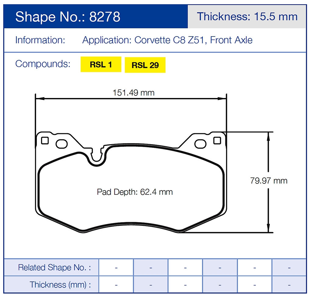 Pagid 8278 Brake pad dimensions and specifications for Corvette C8 Z51 front axle on a blue background