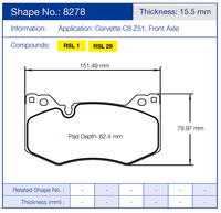 Thumbnail for Pagid 8278 Brake pad dimensions and specifications for Corvette C8 Z51 front axle on a blue background