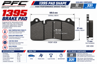 Thumbnail for A product information graphic for a PFC 1395 brake pad, showing the front and side views of the brake pad with dimensions, specifications, and available compound options.
