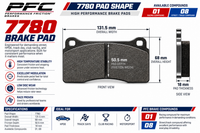 Thumbnail for A technical product information graphic for a PFC 7780 brake pad, showing front and side views with dimensions, specifications, and available compounds on a white background.