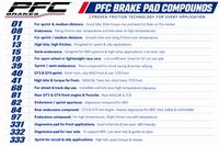 Thumbnail for A branded informational graphic for PFC Brake Pad Compounds listing numbered compound options from 01 to 333 with descriptions of performance characteristics for different driving applications.