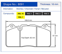 Thumbnail for pagid 8091 brake pad with dimensions and compatibility information on a white background
