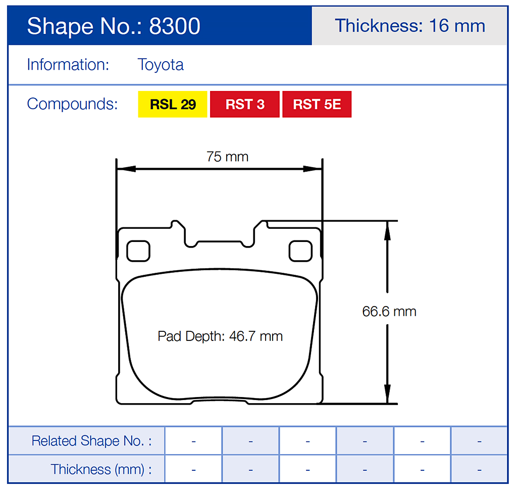Technical diagram of a Pagid 8300 brake pad with dimensions for Toyota GR