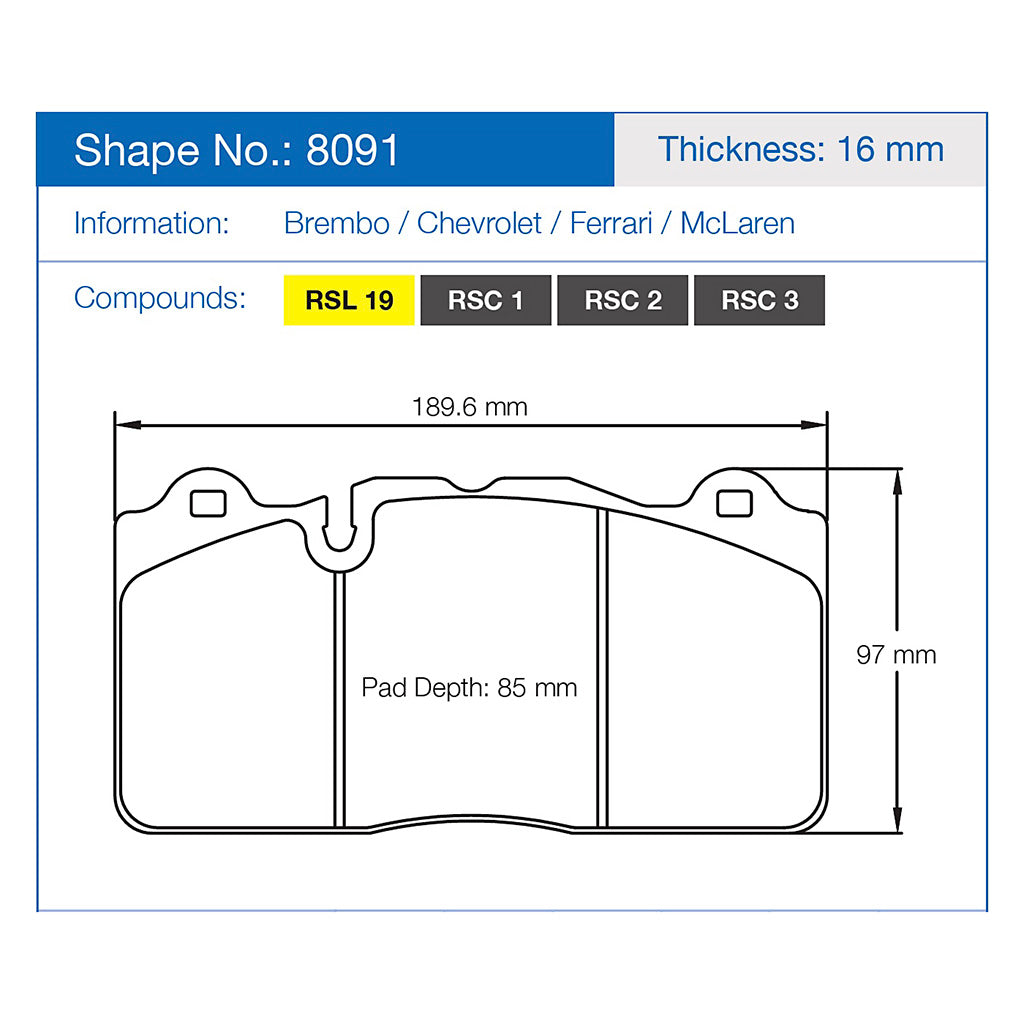 Pagid racing brake pad shape no. 8091 information panel