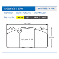 Thumbnail for Pagid racing brake pad shape no. 8091 information panel