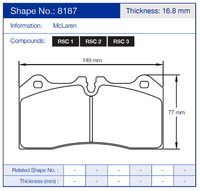 Thumbnail for Technical drawing of pagid 8187 brake pads with dimensions and McLaren branding