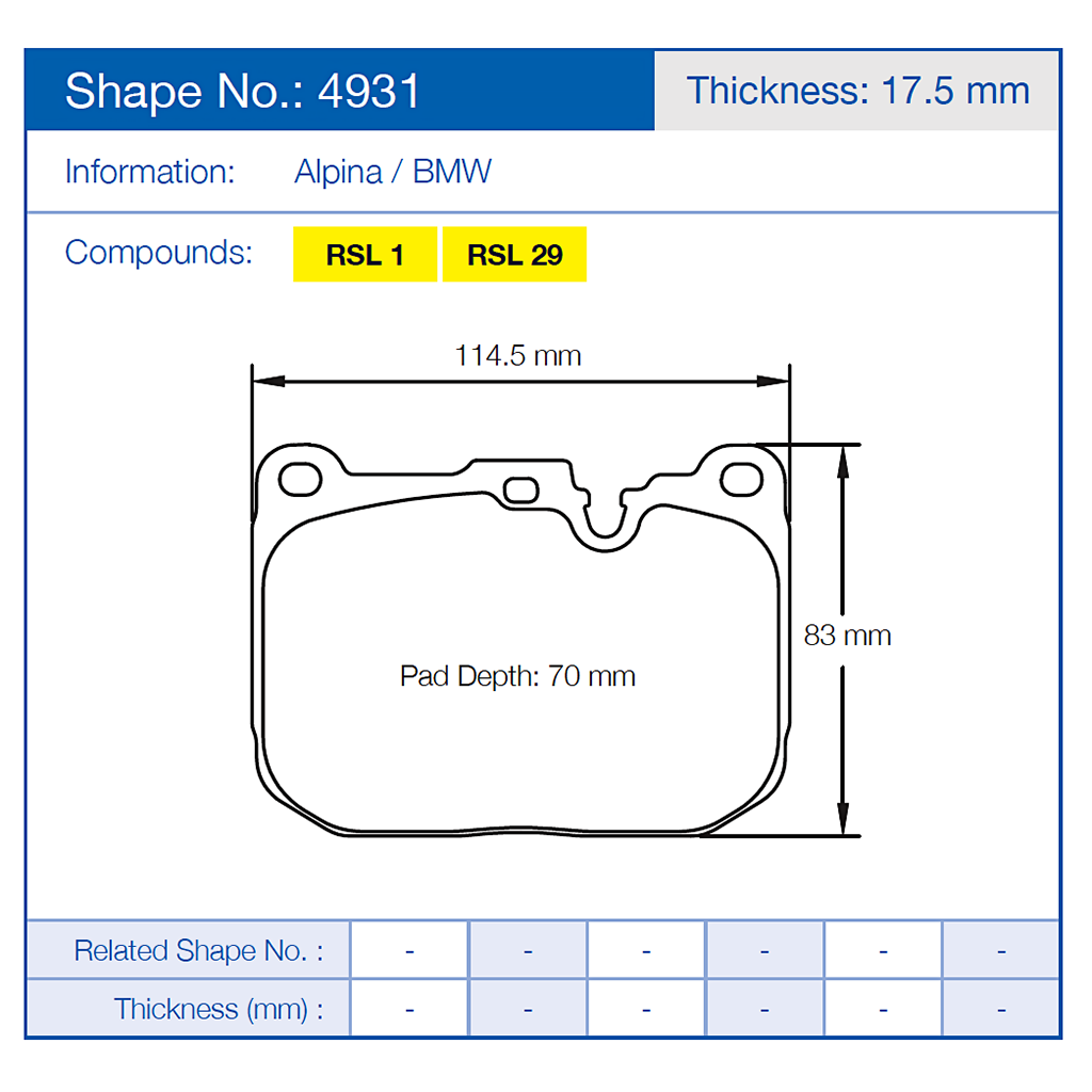 Technical drawing of Pagid 4931 brake pad with dimensions and specifications