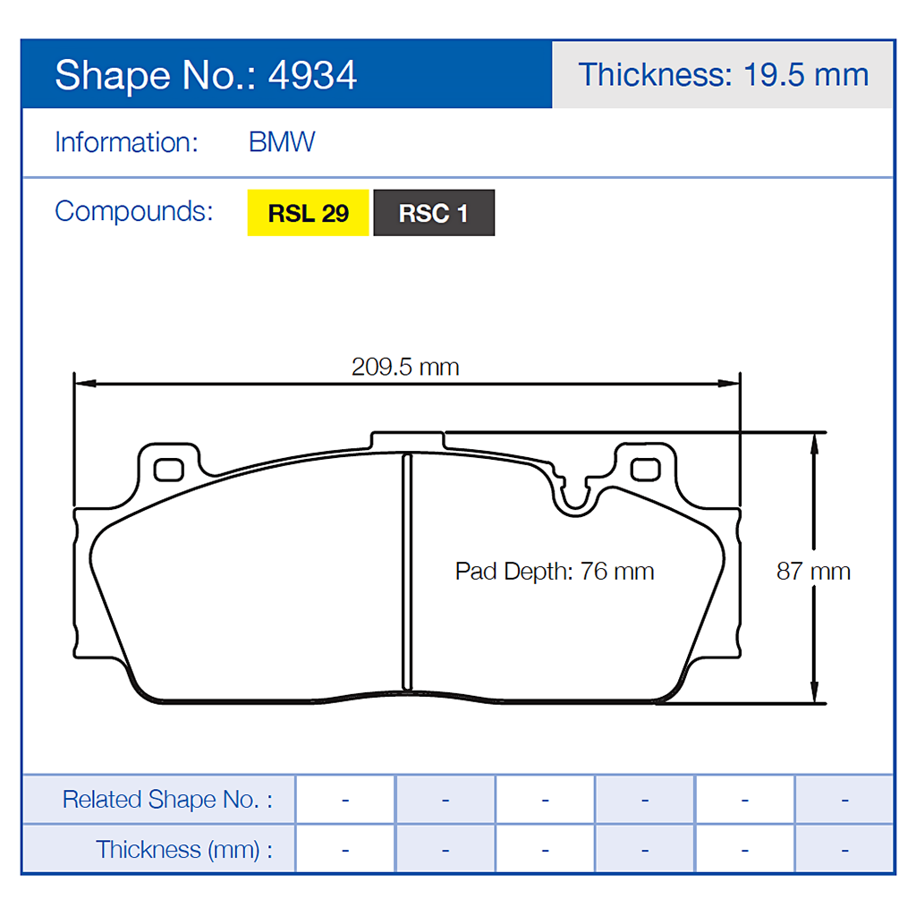 Technical diagram of Pagid 4934 brake pads with dimensions and specifications for BMW, including thickness 19.5 mm.