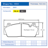 Thumbnail for Technical diagram of Pagid 4934 brake pads with dimensions and specifications for BMW, including thickness 19.5 mm.