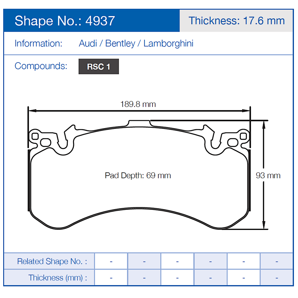 Technical drawing of a Pagid 4937 brake pad with dimensions and specifications