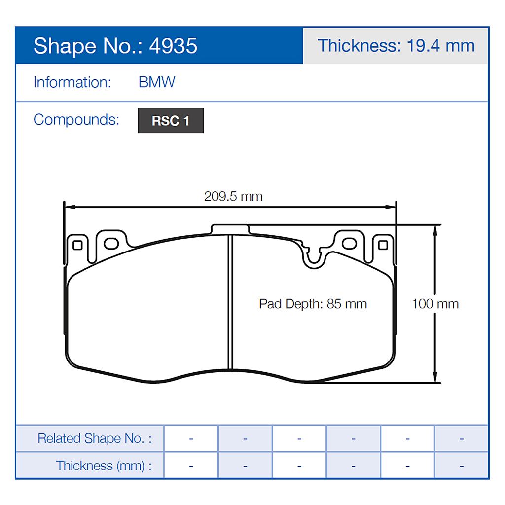 Technical diagram of Pagid 4935 brake pads with dimensions and specifications for BMW, including thickness 19.4 mm.