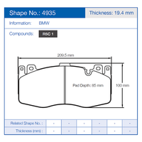 Thumbnail for Technical diagram of Pagid 4935 brake pads with dimensions and specifications for BMW, including thickness 19.4 mm.