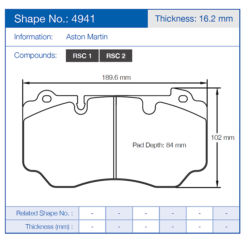 Technical drawing of a Pagid 4941 brake pad with dimensions and specifications for Aston Martin.