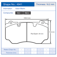 Thumbnail for Technical drawing of a Pagid 4941 brake pad with dimensions and specifications for Aston Martin.