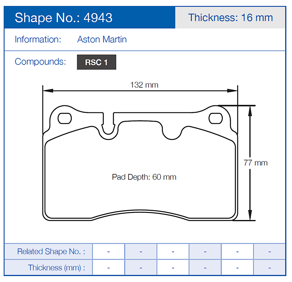 Technical drawing of pagid 4943 brake pads with dimensions and Aston Martin branding
